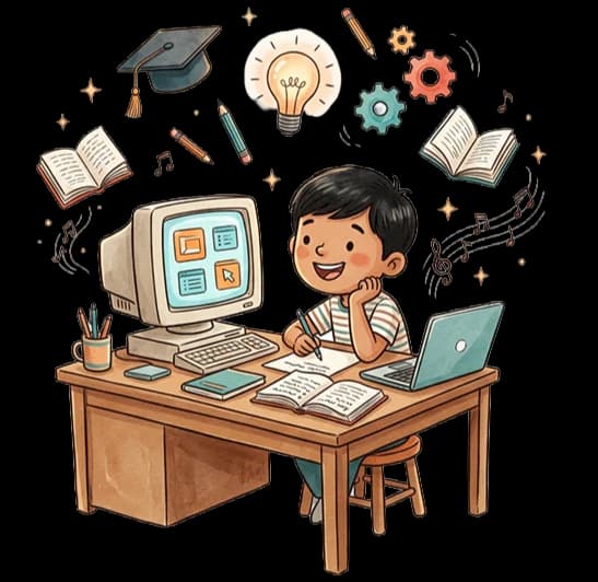 Illustration of childhood computer discovery, books, graduation cap and ideas